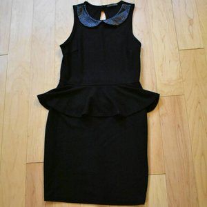 Black Peplum Dress with Leather Collar
